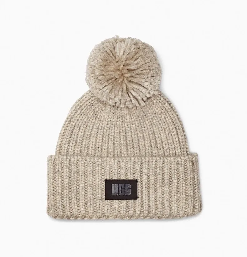 Muts UGG Women Chunky Rib Knit Beanie Pom Light Grey